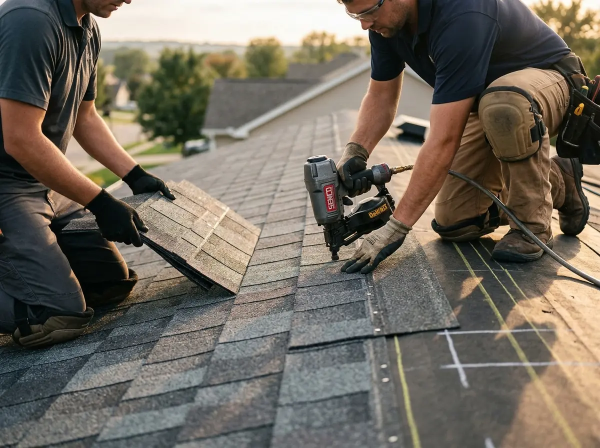 Professional roofer working on a residential roof in West Earl
